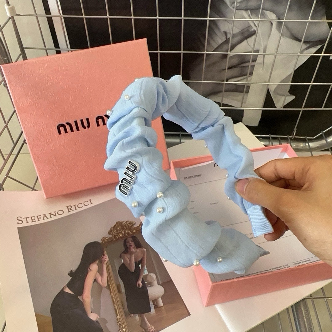 CHANEL PEARL HAIRBAND IN SKY BLUE CHIFFON 332064