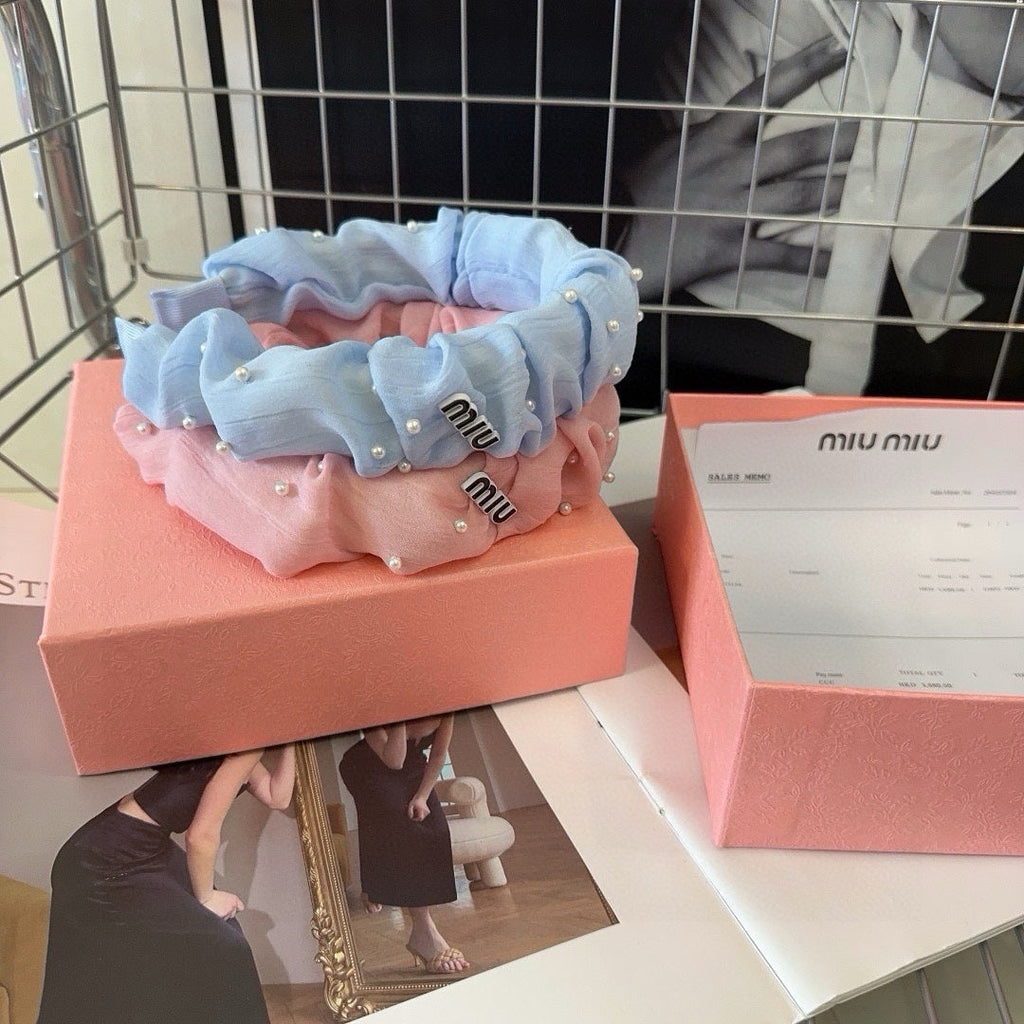 CHANEL PEARL HAIRBAND IN SKY BLUE CHIFFON 332064