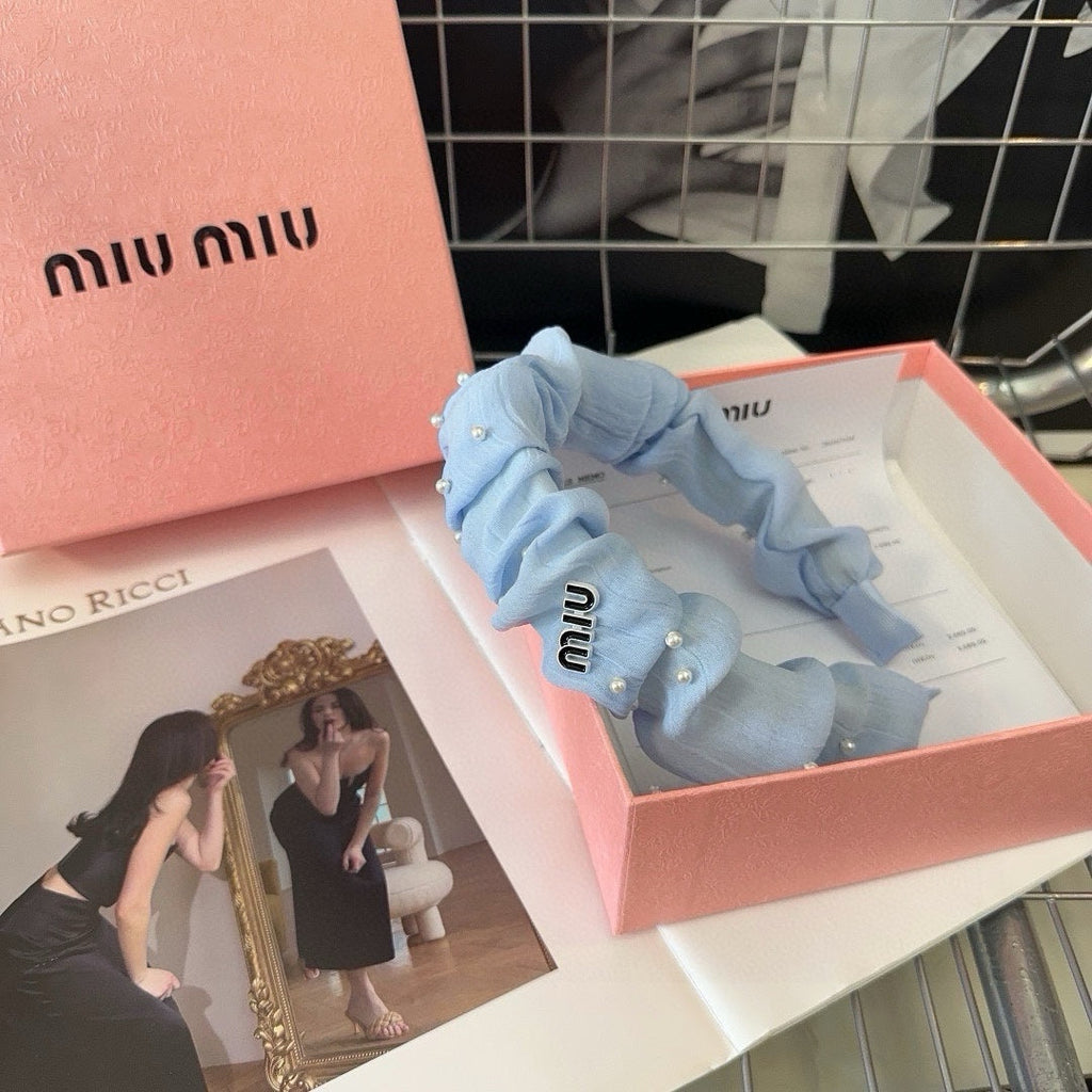 CHANEL PEARL HAIRBAND IN SKY BLUE CHIFFON 332064