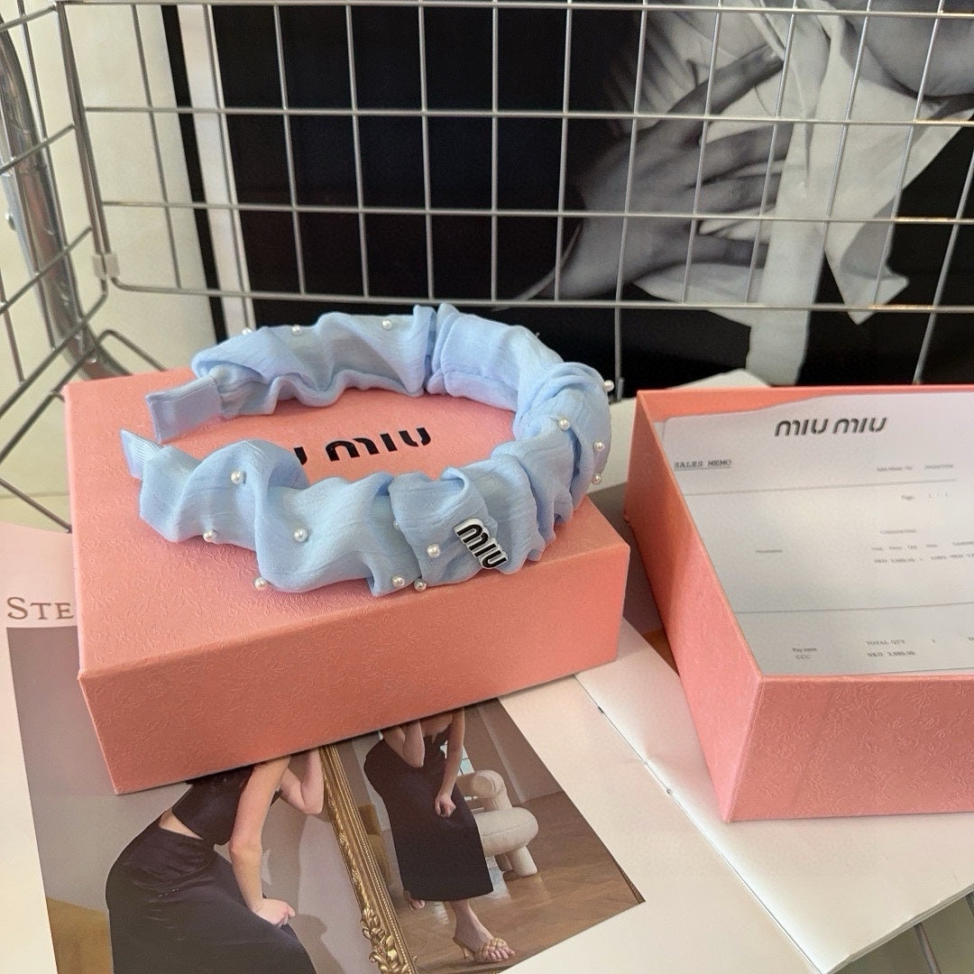 CHANEL PEARL HAIRBAND IN SKY BLUE CHIFFON 332064
