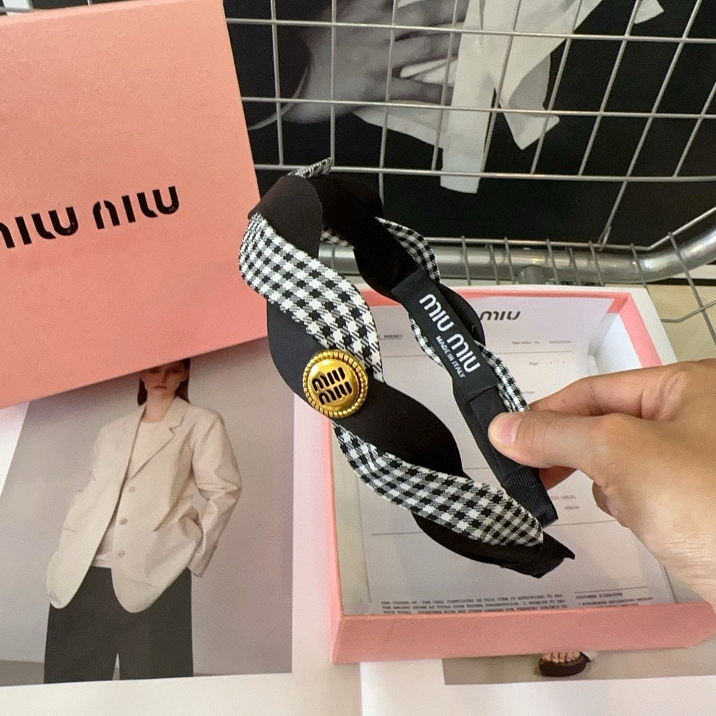 CHANEL HEADBAND IN BLACK SILK MIX PLAID COTTON 412529