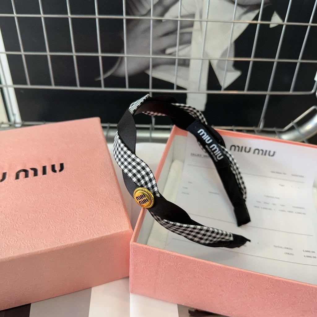 CHANEL HEADBAND IN BLACK SILK MIX PLAID COTTON 412529