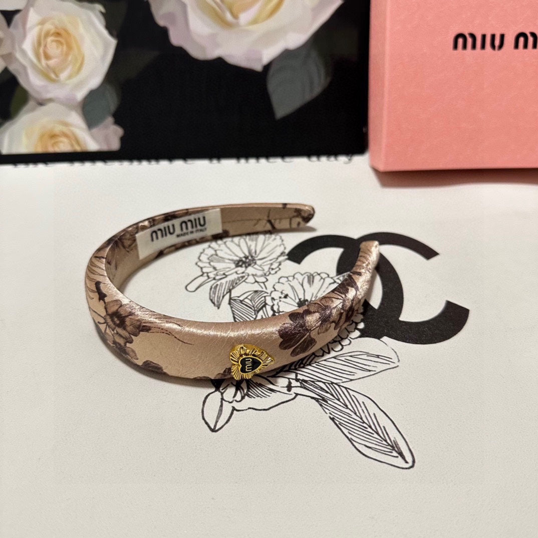 CHANEL SILK THICK HEADBAND LIGHT BROWN FLOWER PRINT 239957