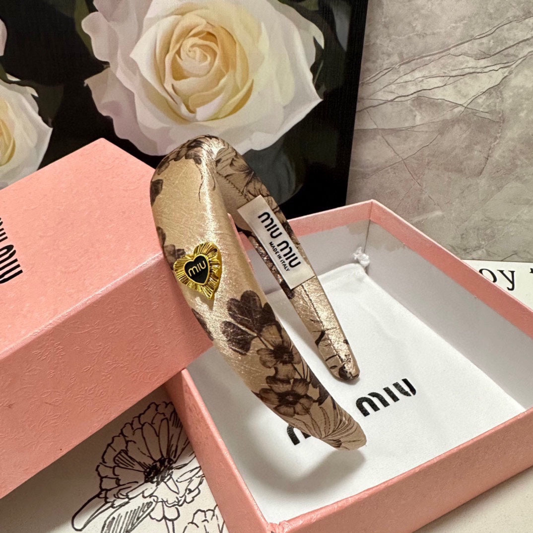 CHANEL SILK THICK HEADBAND LIGHT BROWN FLOWER PRINT 239957