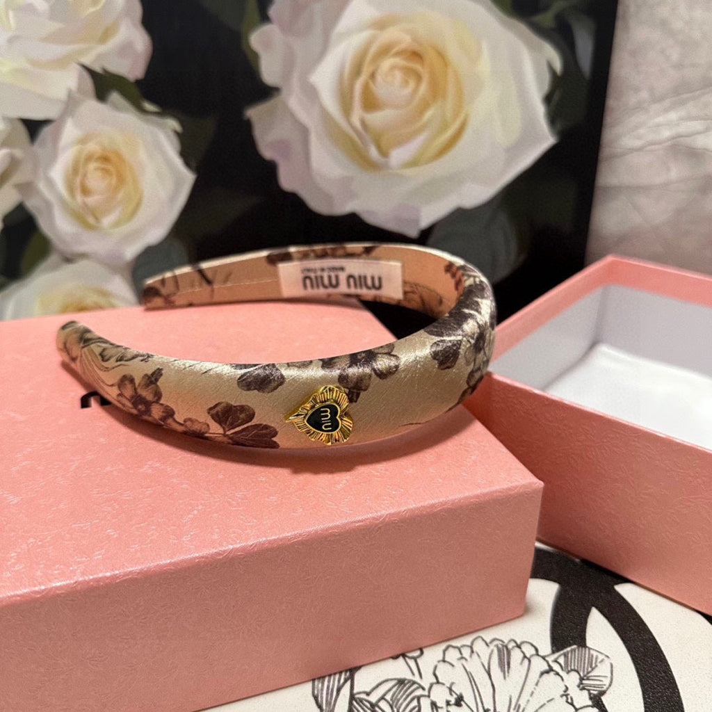 CHANEL SILK THICK HEADBAND LIGHT BROWN FLOWER PRINT 239957