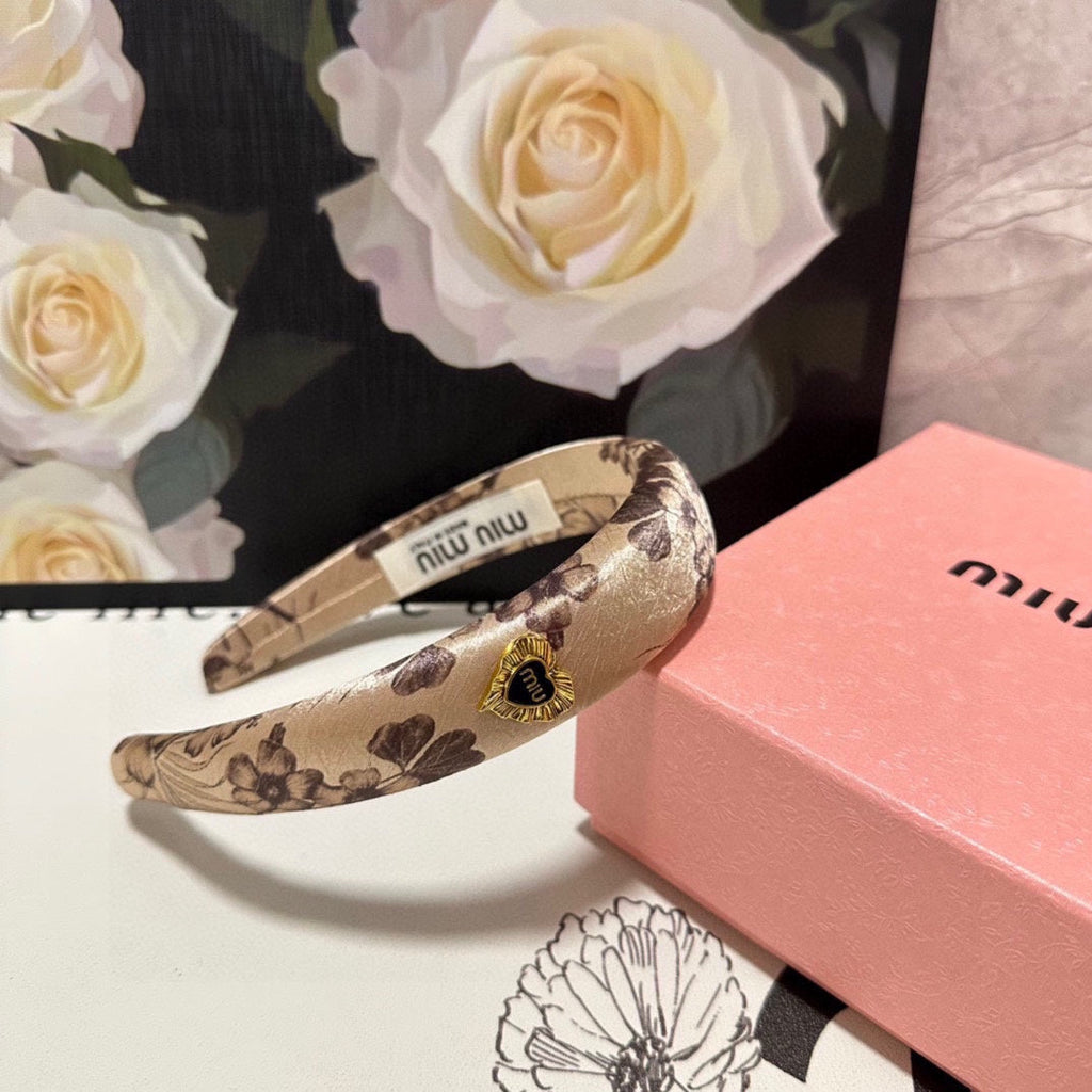 CHANEL SILK THICK HEADBAND LIGHT BROWN FLOWER PRINT 239957