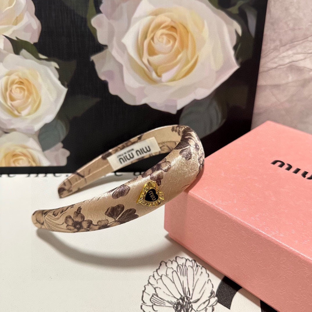 CHANEL SILK THICK HEADBAND LIGHT BROWN FLOWER PRINT 239957