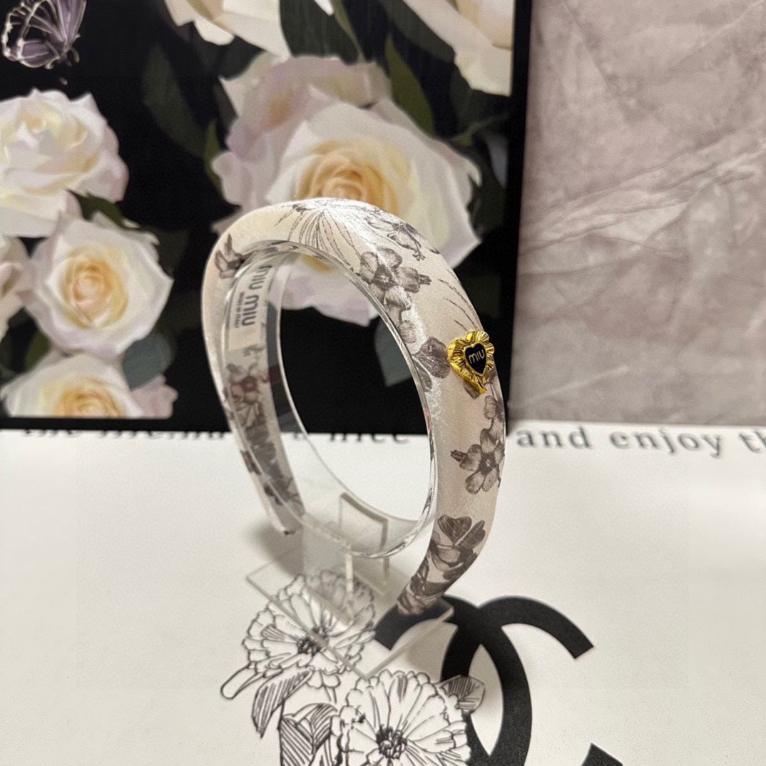 CHANEL SILK THICK HEADBAND WHITE FLOWER PRINT 239958