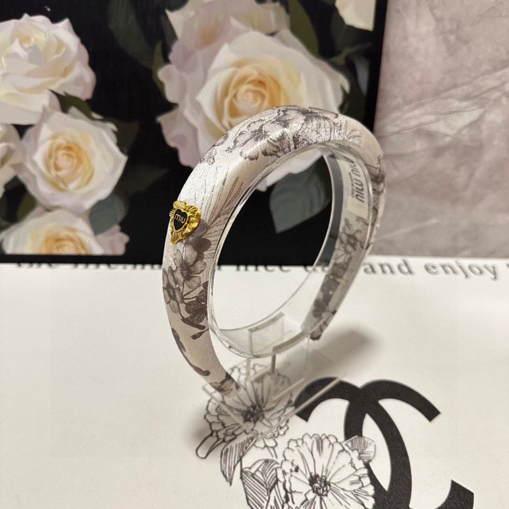 CHANEL SILK THICK HEADBAND WHITE FLOWER PRINT 239958