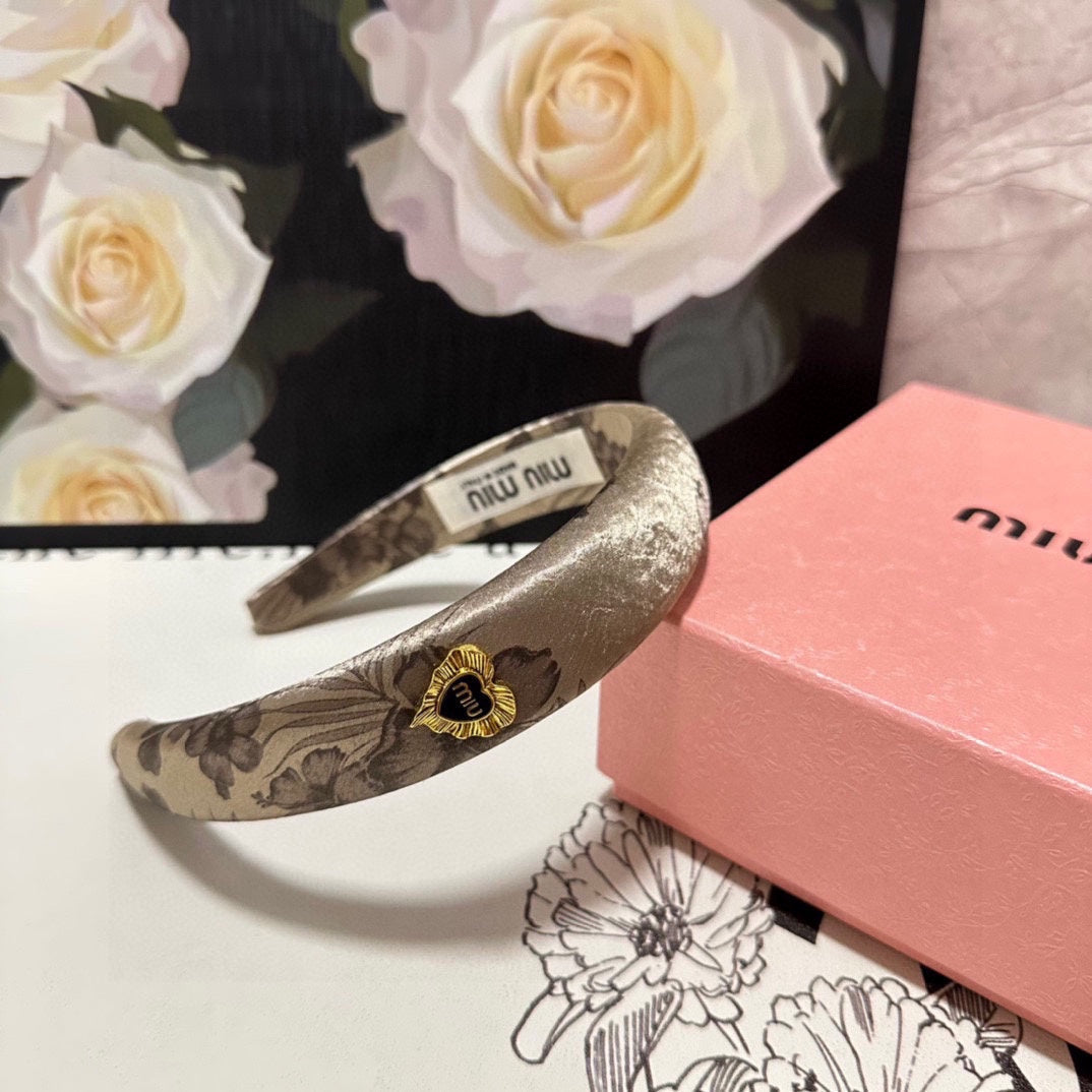 CHANEL SILK THICK HEADBAND DARK BEIGE FLOWER PRINT 239960