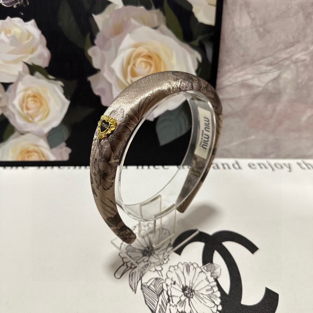 CHANEL SILK THICK HEADBAND DARK BEIGE FLOWER PRINT 239960