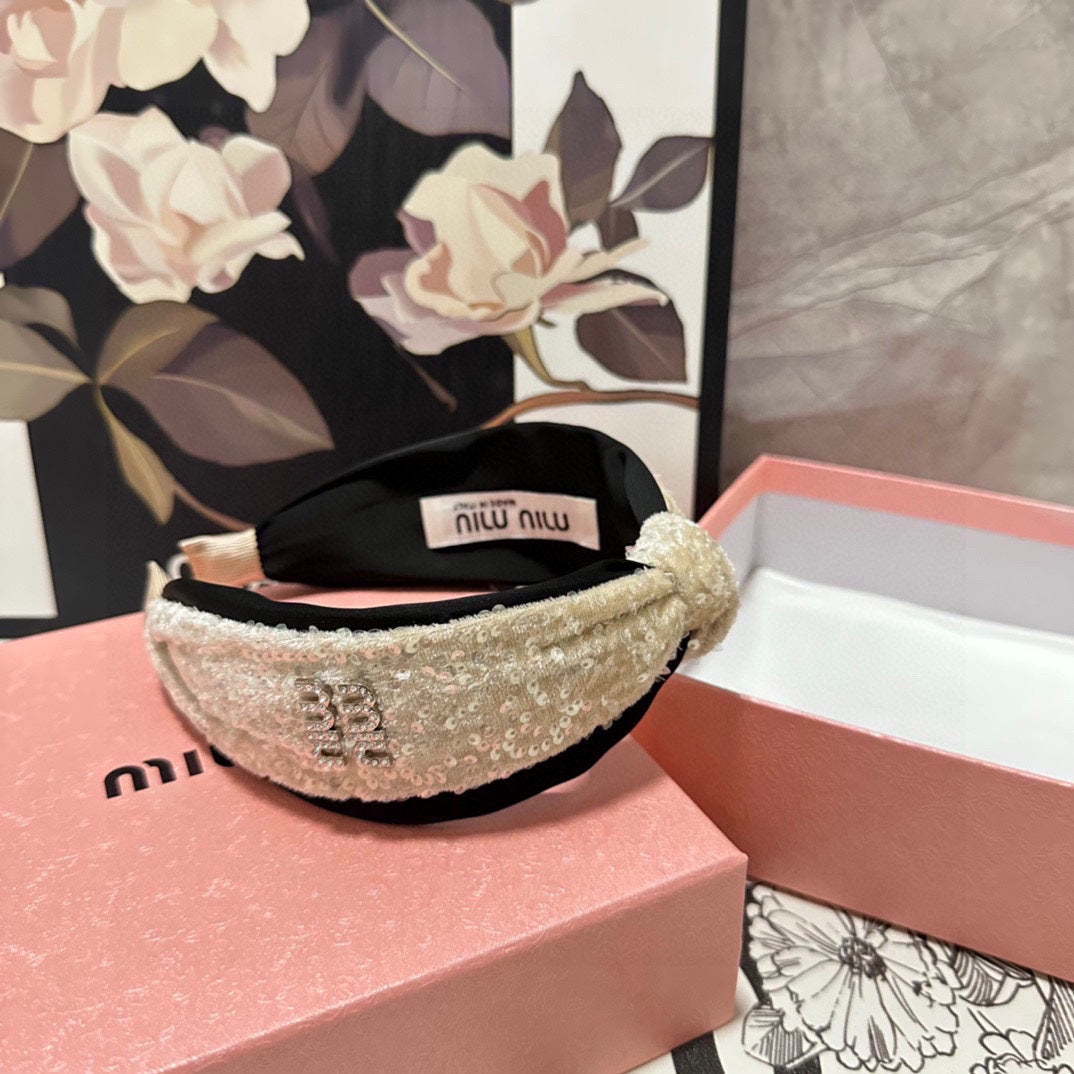 CHANEL HEADBAND IN BEIGE VELVET SEQUINS-EMBELLISHED 361160