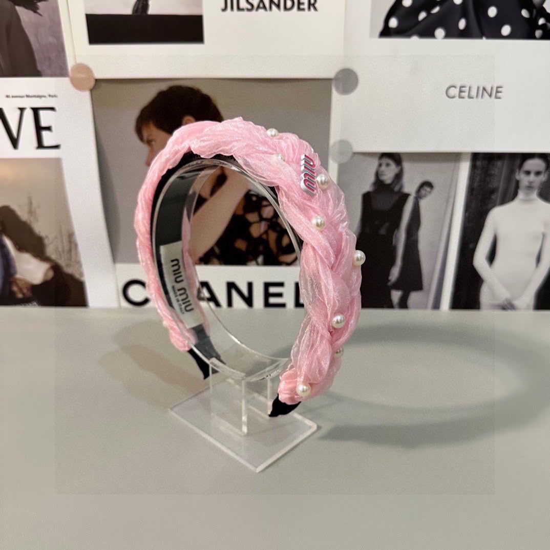 CHANEL HAIR BAND IN PINK CHIFFON PEARL-EMBELLISHED 395327