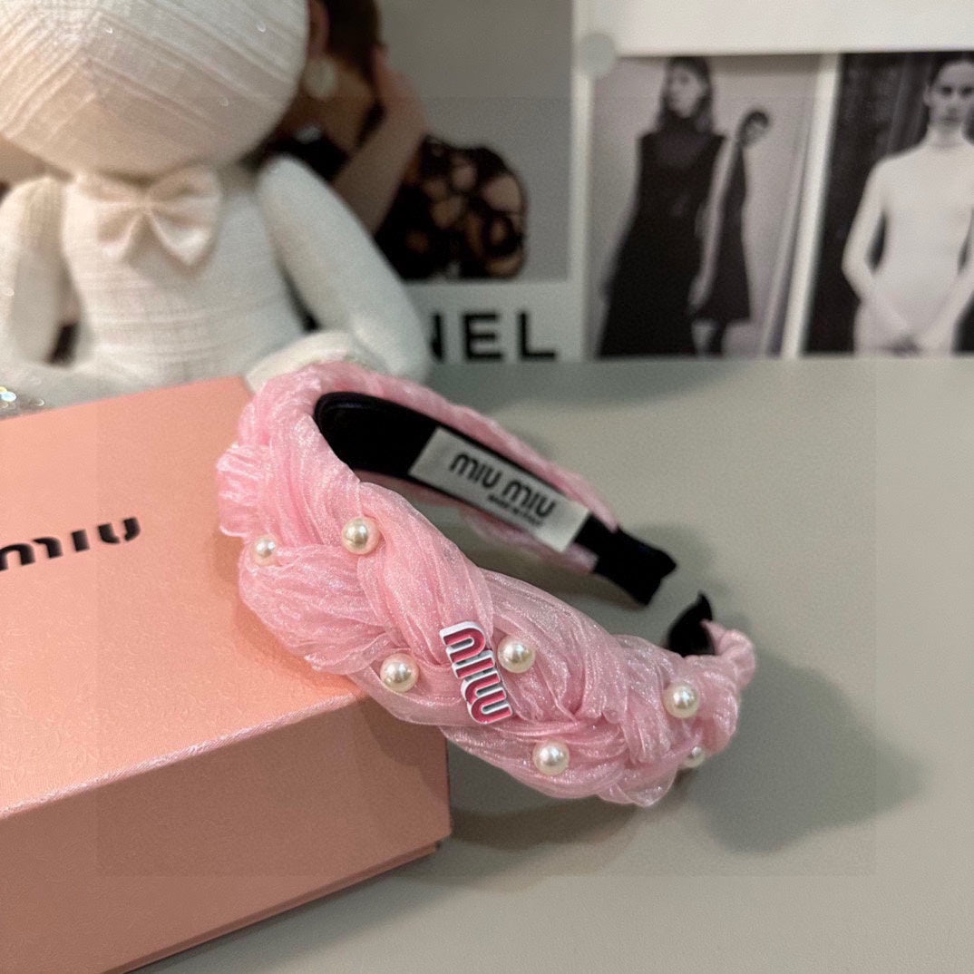 CHANEL HAIR BAND IN PINK CHIFFON PEARL-EMBELLISHED 395327
