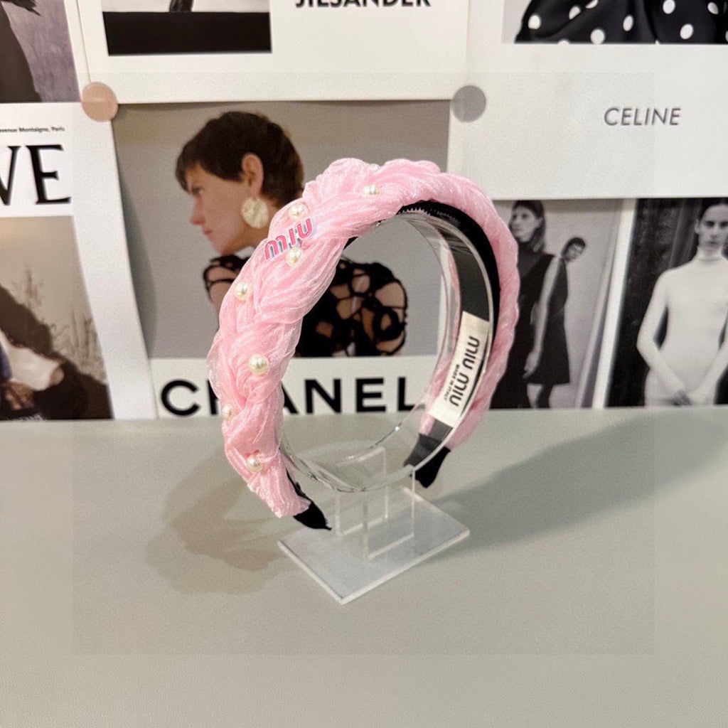 CHANEL HAIR BAND IN PINK CHIFFON PEARL-EMBELLISHED 395327