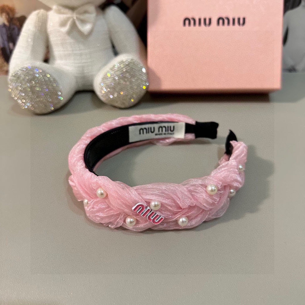 CHANEL HAIR BAND IN PINK CHIFFON PEARL-EMBELLISHED 395327