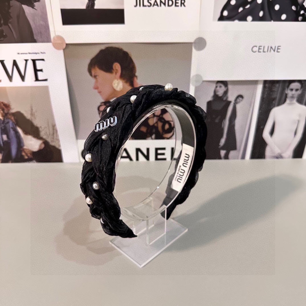 CHANEL HAIR BAND IN BLACK CHIFFON PEARL-EMBELLISHED 395328