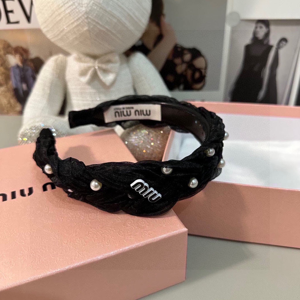 CHANEL HAIR BAND IN BLACK CHIFFON PEARL-EMBELLISHED 395328