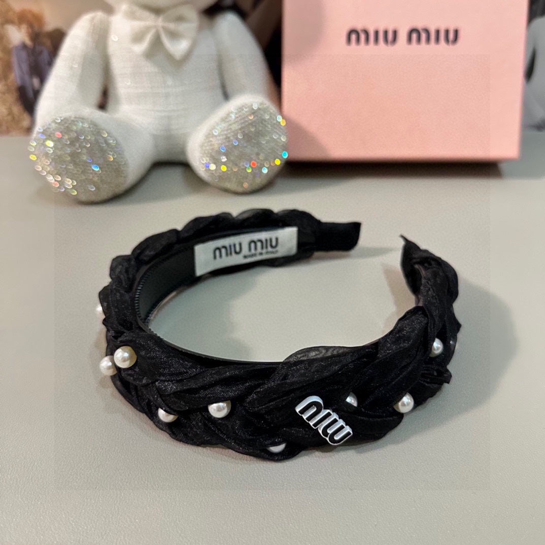CHANEL HAIR BAND IN BLACK CHIFFON PEARL-EMBELLISHED 395328