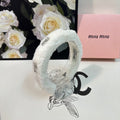 CHANEL THICK HEADBAND WITH DIAMOND LOGO IN WHITE PLUSH FABRIC 412483