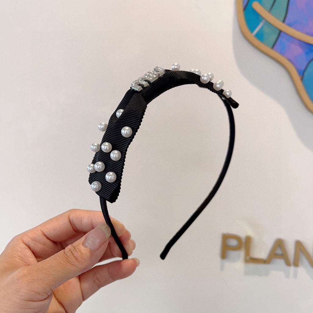 CHANEL HEADBAND WITH BOW IN BLACK COTTON ATTACHED PEARLS 406039