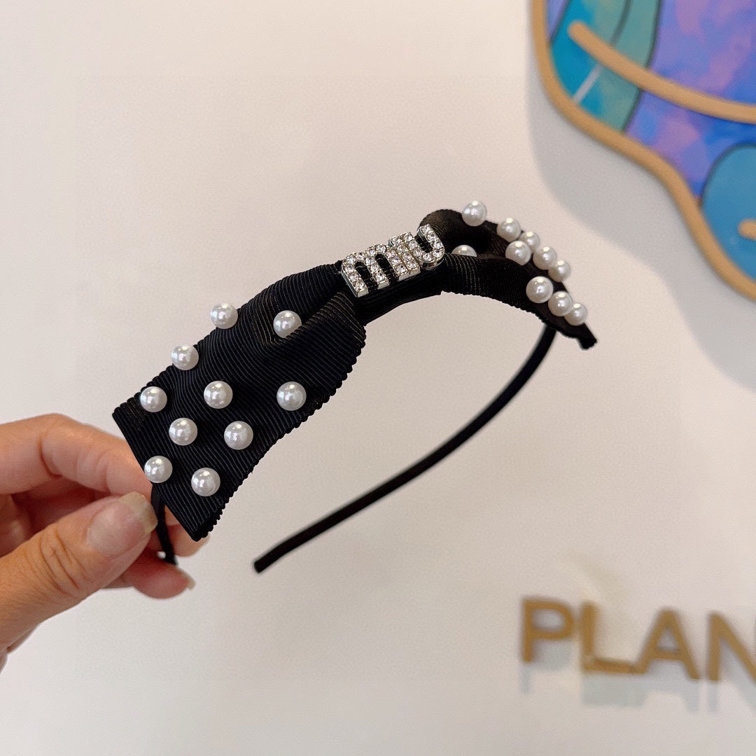 CHANEL HEADBAND WITH BOW IN BLACK COTTON ATTACHED PEARLS 406039
