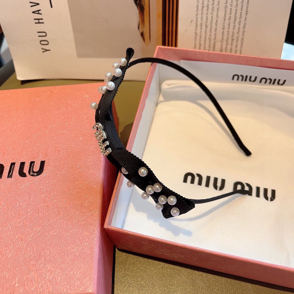 CHANEL HEADBAND WITH BOW IN BLACK COTTON ATTACHED PEARLS 406039