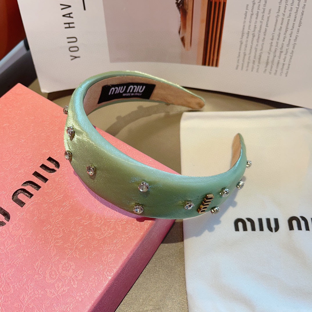 CHANEL THICK HEADBAND IN JADE GREEN SILK ATTACHED DIAMONDS 406043
