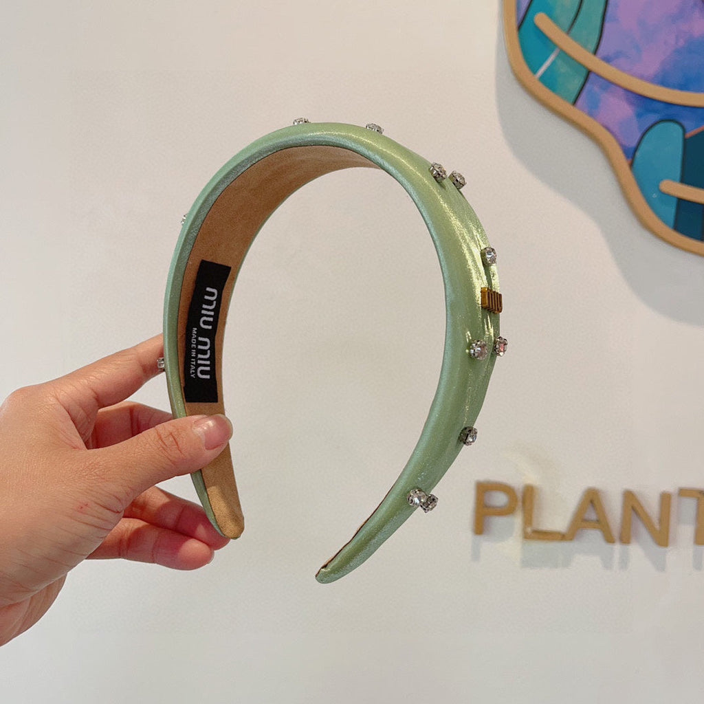 CHANEL THICK HEADBAND IN JADE GREEN SILK ATTACHED DIAMONDS 406043