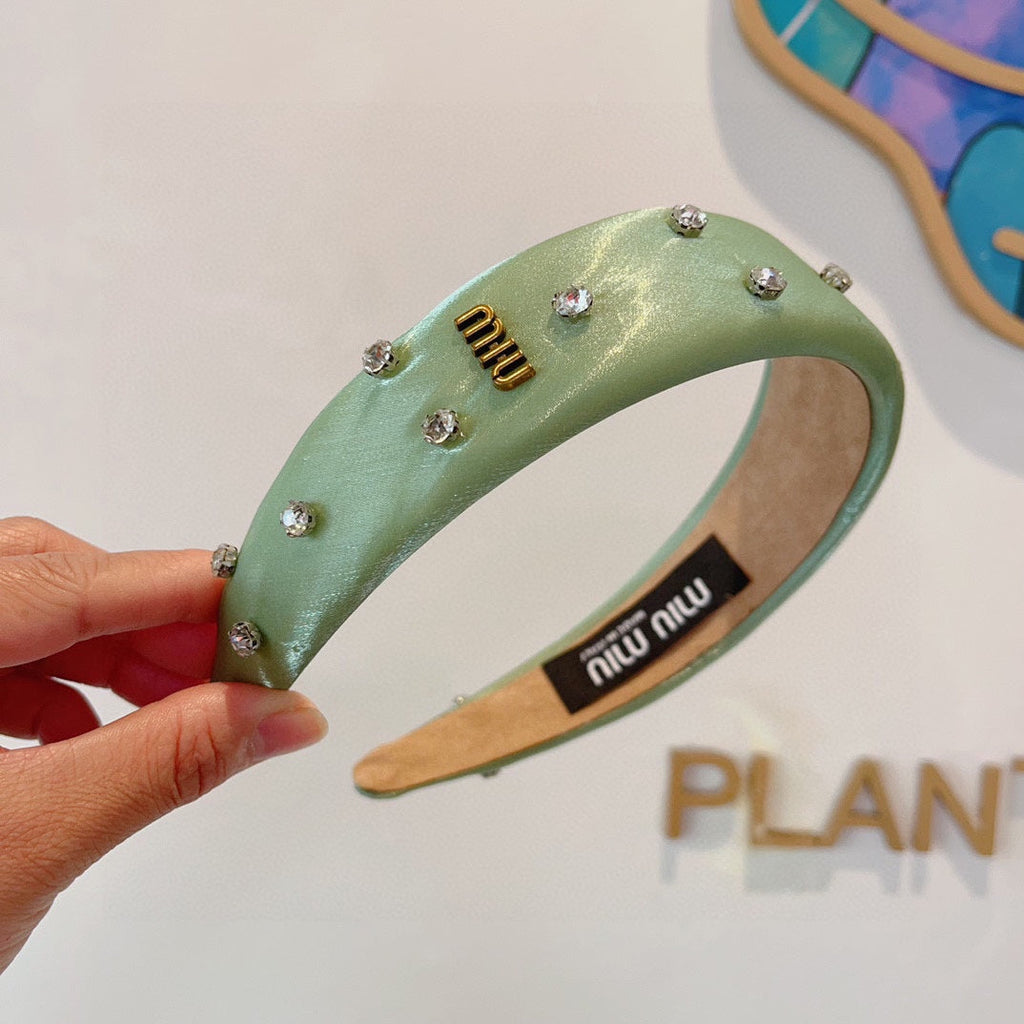 CHANEL THICK HEADBAND IN JADE GREEN SILK ATTACHED DIAMONDS 406043