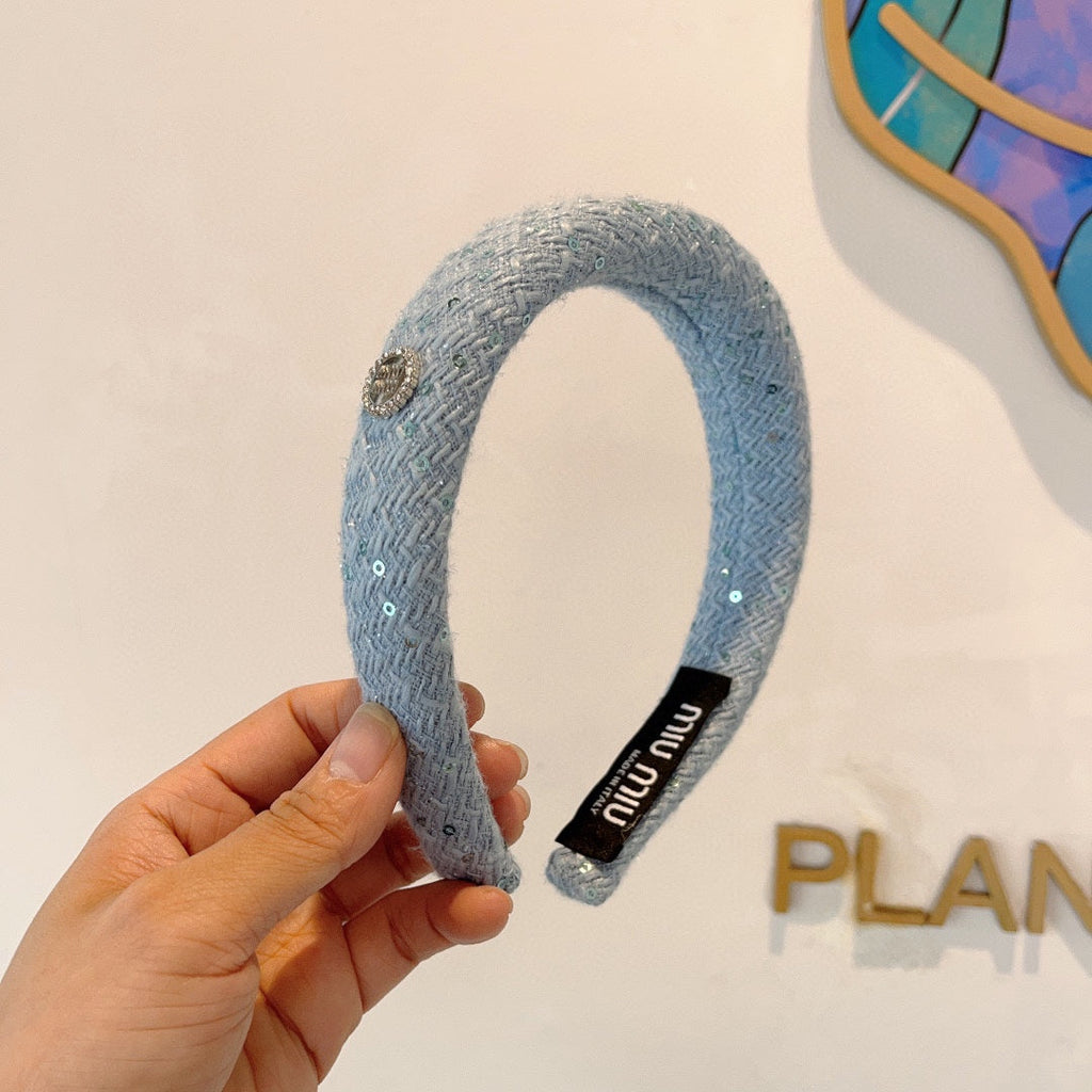 CHANEL THICK HEADBAND IN SKY BLUE TWEED EMBELLISHED SEQUINS 406044