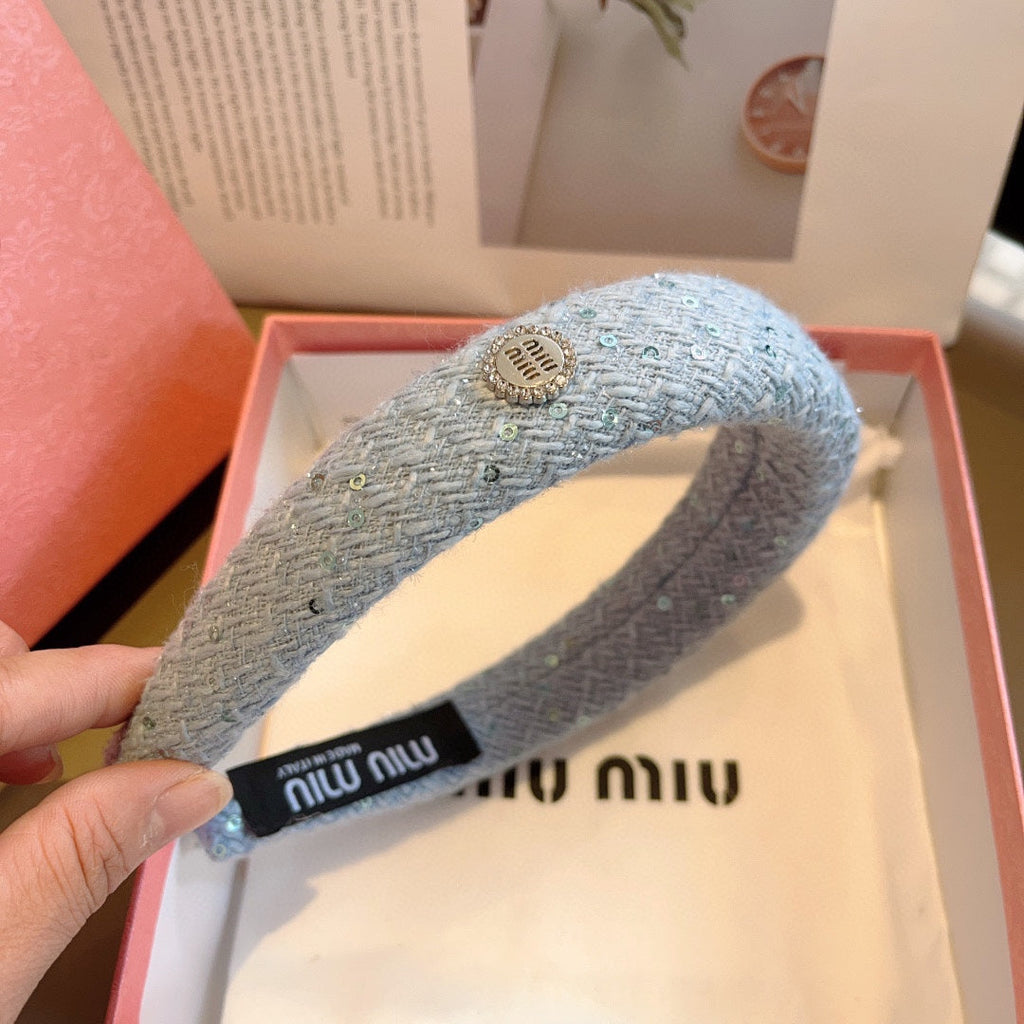 CHANEL THICK HEADBAND IN SKY BLUE TWEED EMBELLISHED SEQUINS 406044