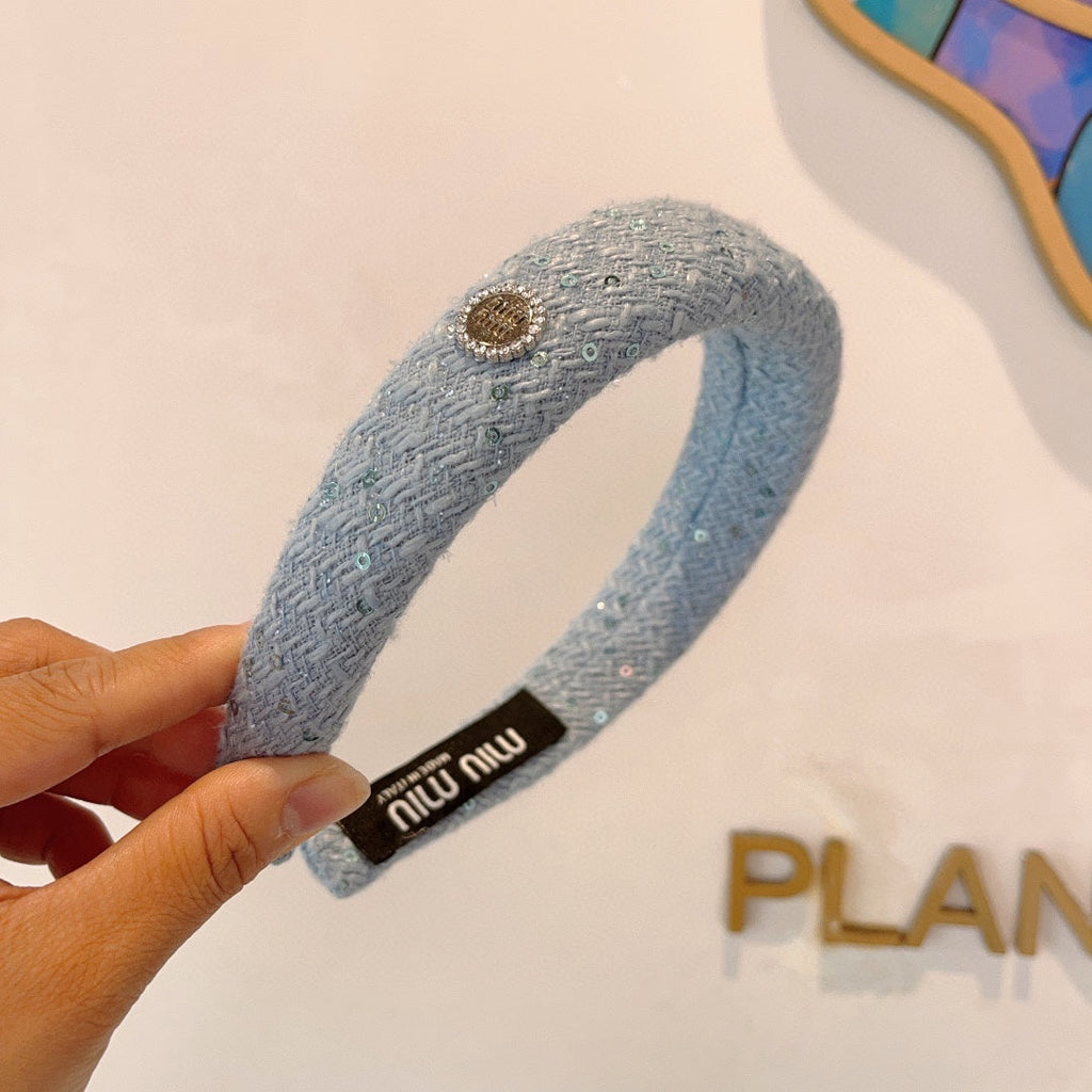 CHANEL THICK HEADBAND IN SKY BLUE TWEED EMBELLISHED SEQUINS 406044