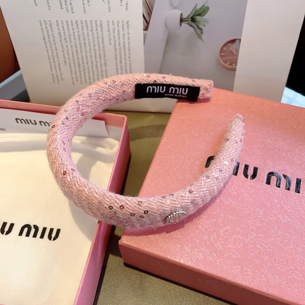 CHANEL THICK HEADBAND IN PINK TWEED EMBELLISHED SEQUINS 406045