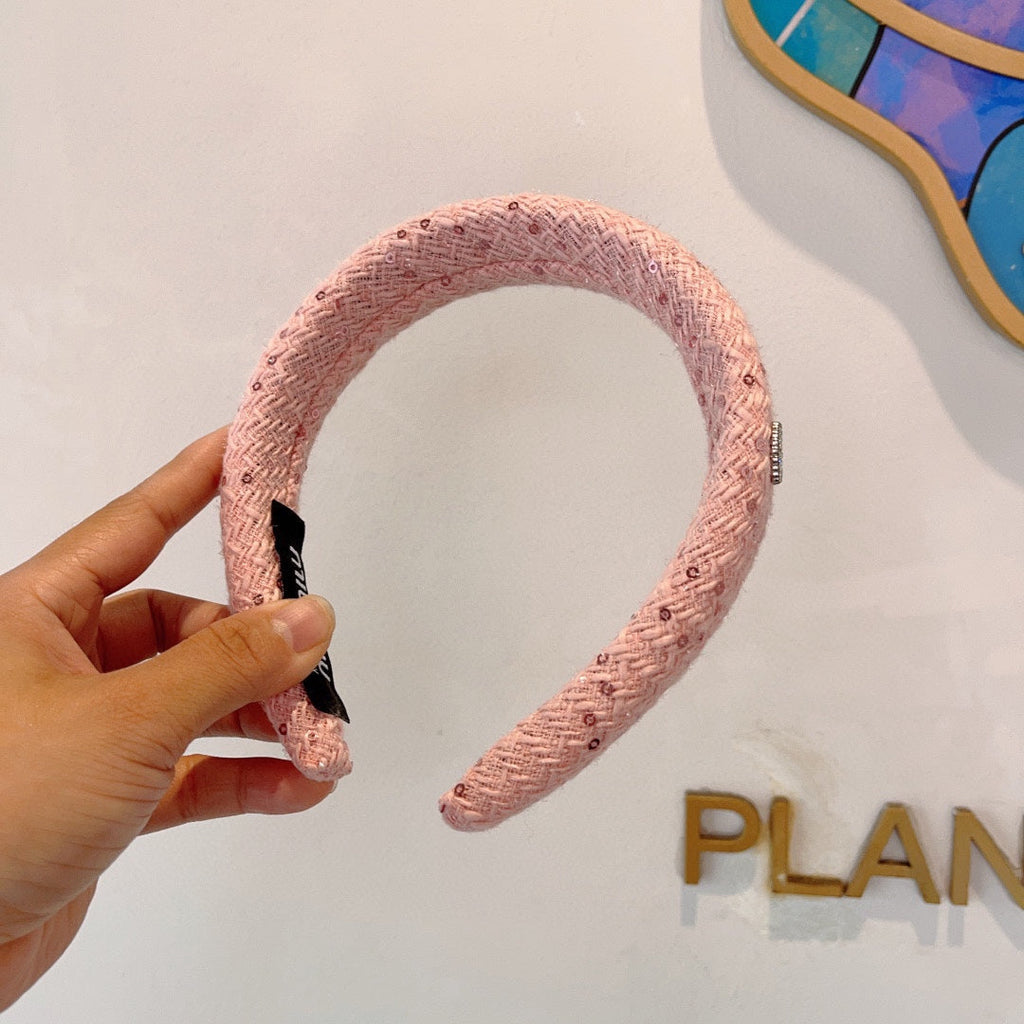 CHANEL THICK HEADBAND IN PINK TWEED EMBELLISHED SEQUINS 406045