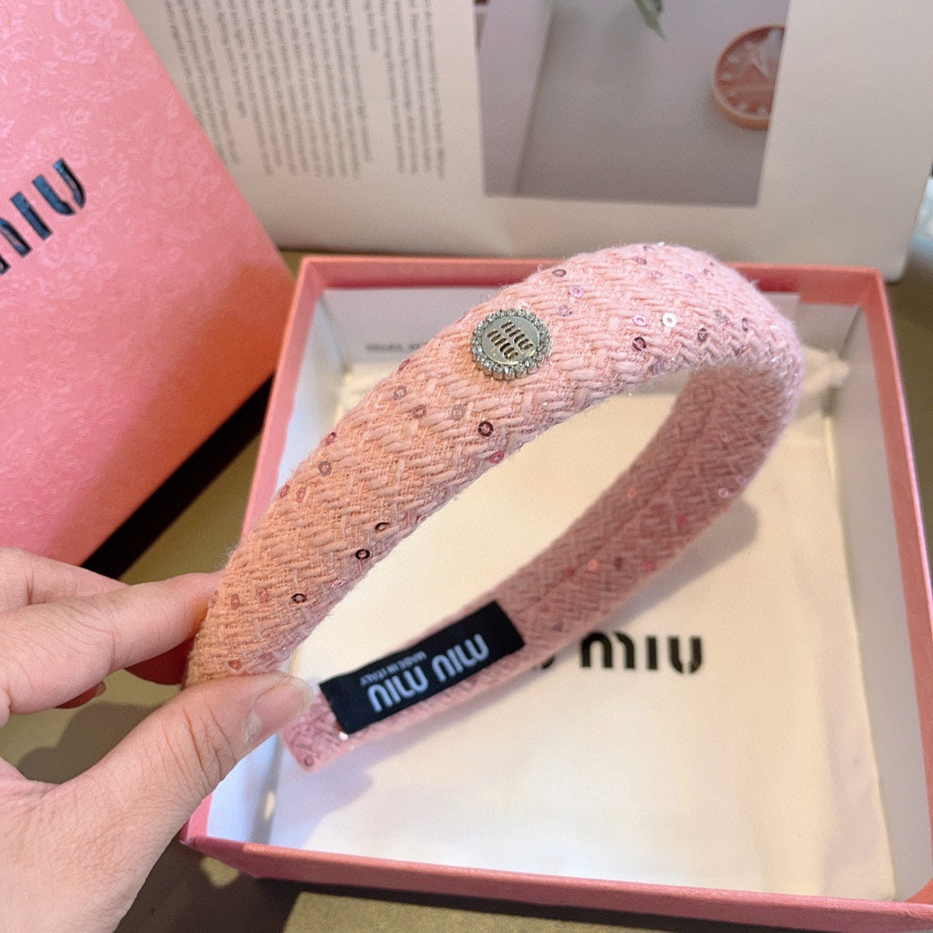 CHANEL THICK HEADBAND IN PINK TWEED EMBELLISHED SEQUINS 406045