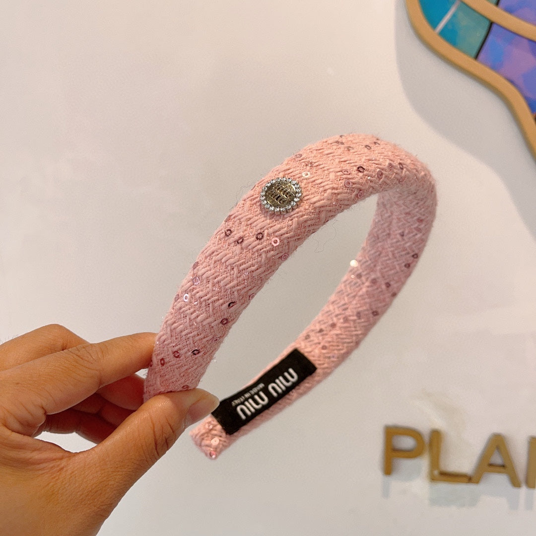 CHANEL THICK HEADBAND IN PINK TWEED EMBELLISHED SEQUINS 406045