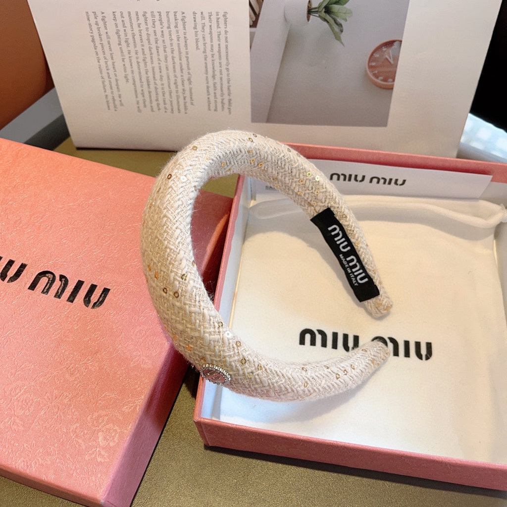 CHANEL THICK HEADBAND IN WHITE TWEED EMBELLISHED SEQUINS 406046