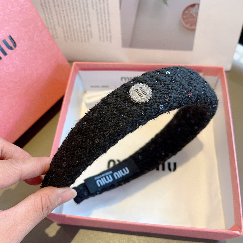CHANEL THICK HEADBAND IN BLACK TWEED EMBELLISHED SEQUINS 406047