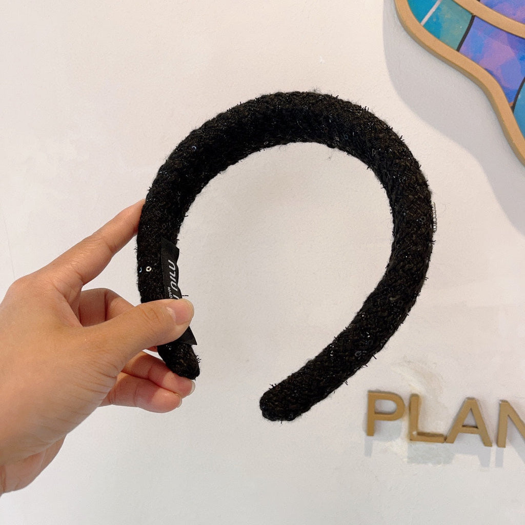 CHANEL THICK HEADBAND IN BLACK TWEED EMBELLISHED SEQUINS 406047