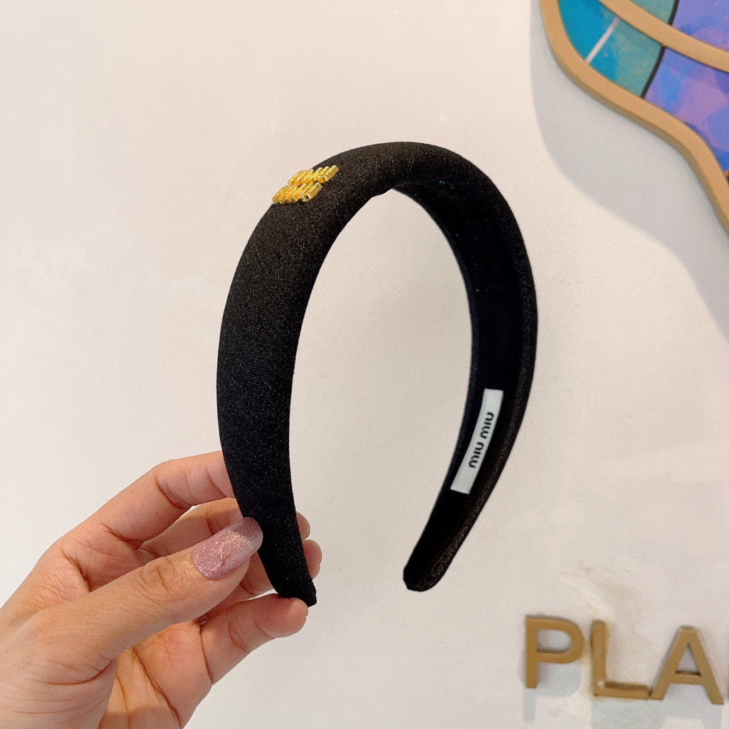 CHANEL THICK HEADBAND IN BLACK DENIM GOLD LOGO 425463