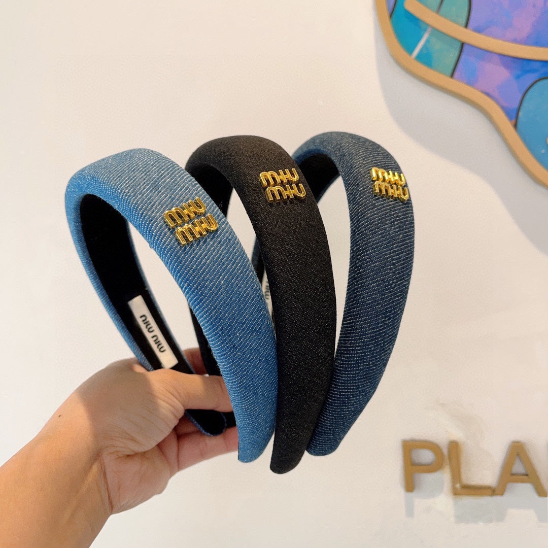 CHANEL THICK HEADBAND IN AZURE BLUE DENIM GOLD LOGO 425464