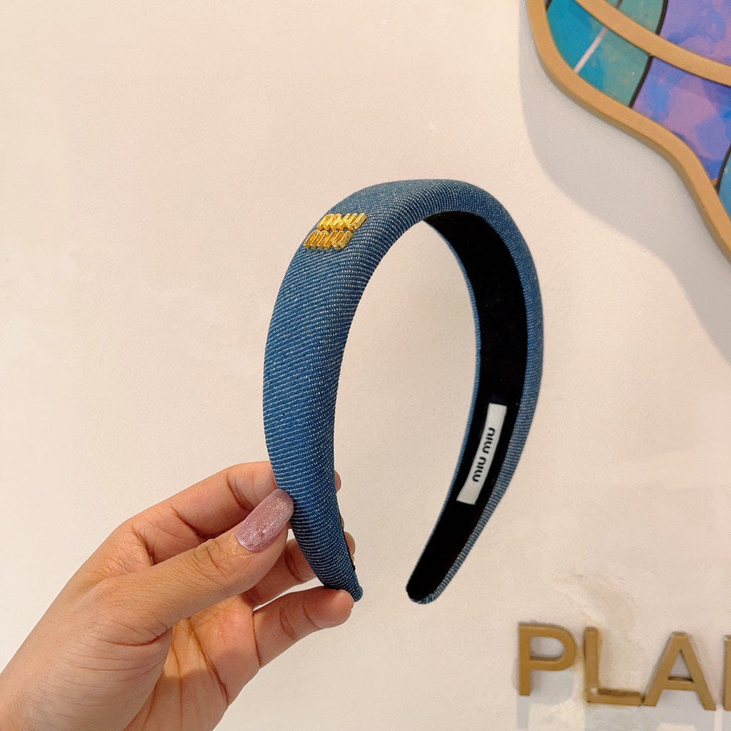 CHANEL THICK HEADBAND IN AZURE BLUE DENIM GOLD LOGO 425464