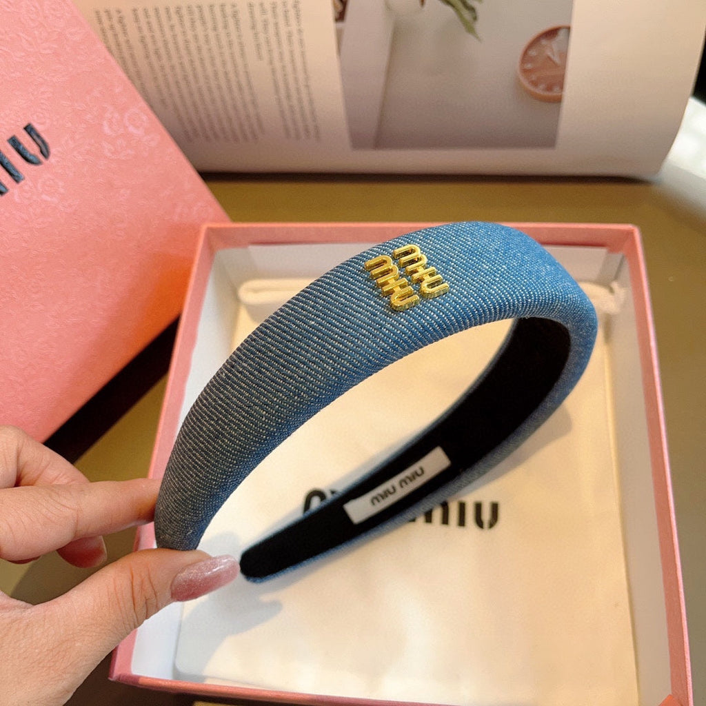 CHANEL THICK HEADBAND IN AZURE BLUE DENIM GOLD LOGO 425464
