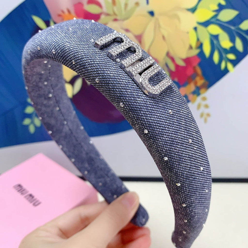 CHANEL DENIM HEADBAND PIGEON BLUE WITH CRYSTALS 164215
