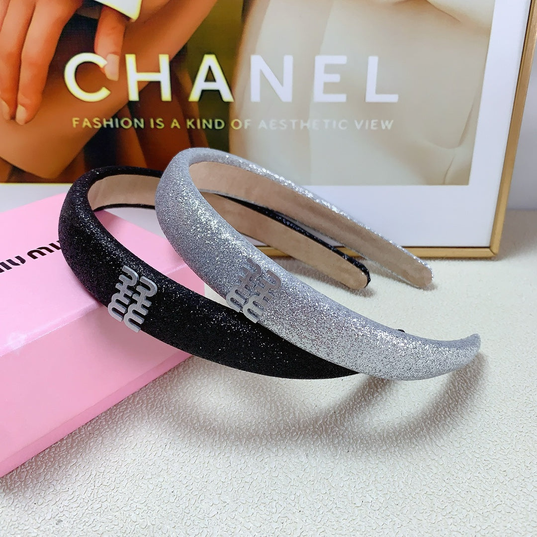 CHANEL HEADBAND IN BLACK GLITTER FABRIC 174109