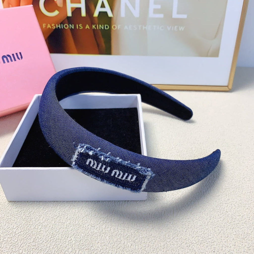 CHANEL THICK HAIRBAND IN CLASSIC BLUE DENIM EMBROIDERED LOGO 217589