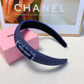 CHANEL THICK HAIRBAND IN CLASSIC BLUE DENIM EMBROIDERED LOGO 217589